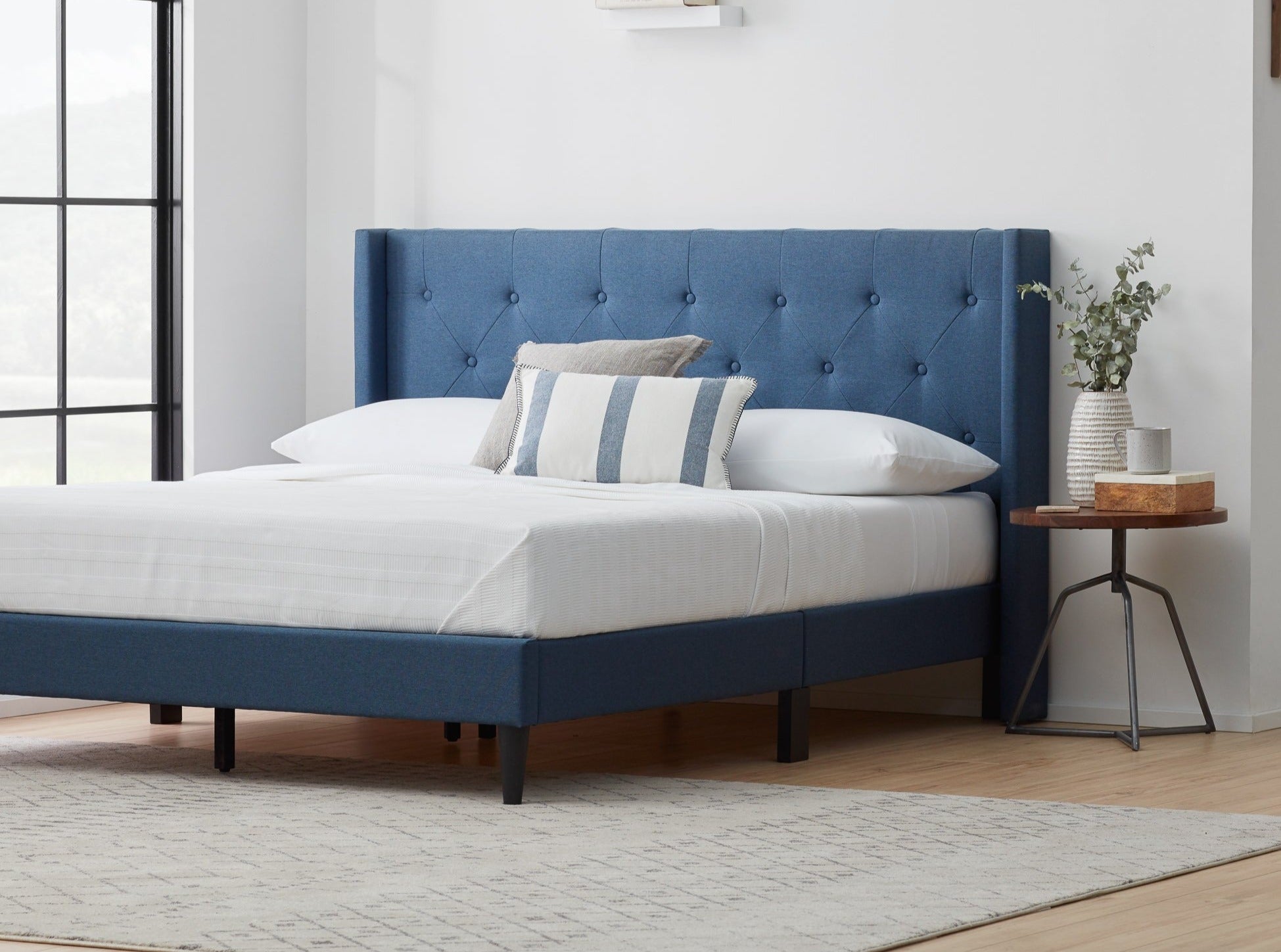 Palermo Upholstered Fabric Double Bed in Blue Colour