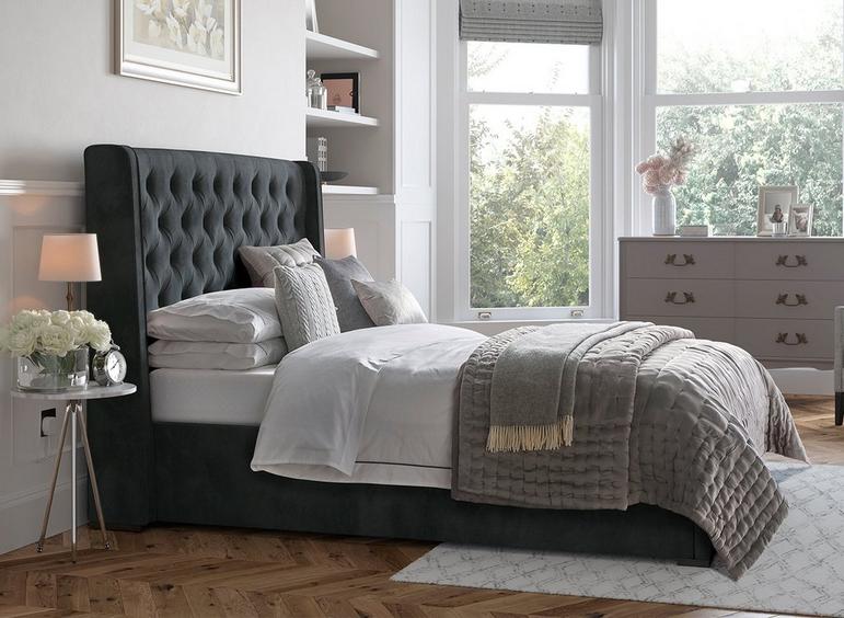Deacon Grey Velvet Upholstered Double Bed