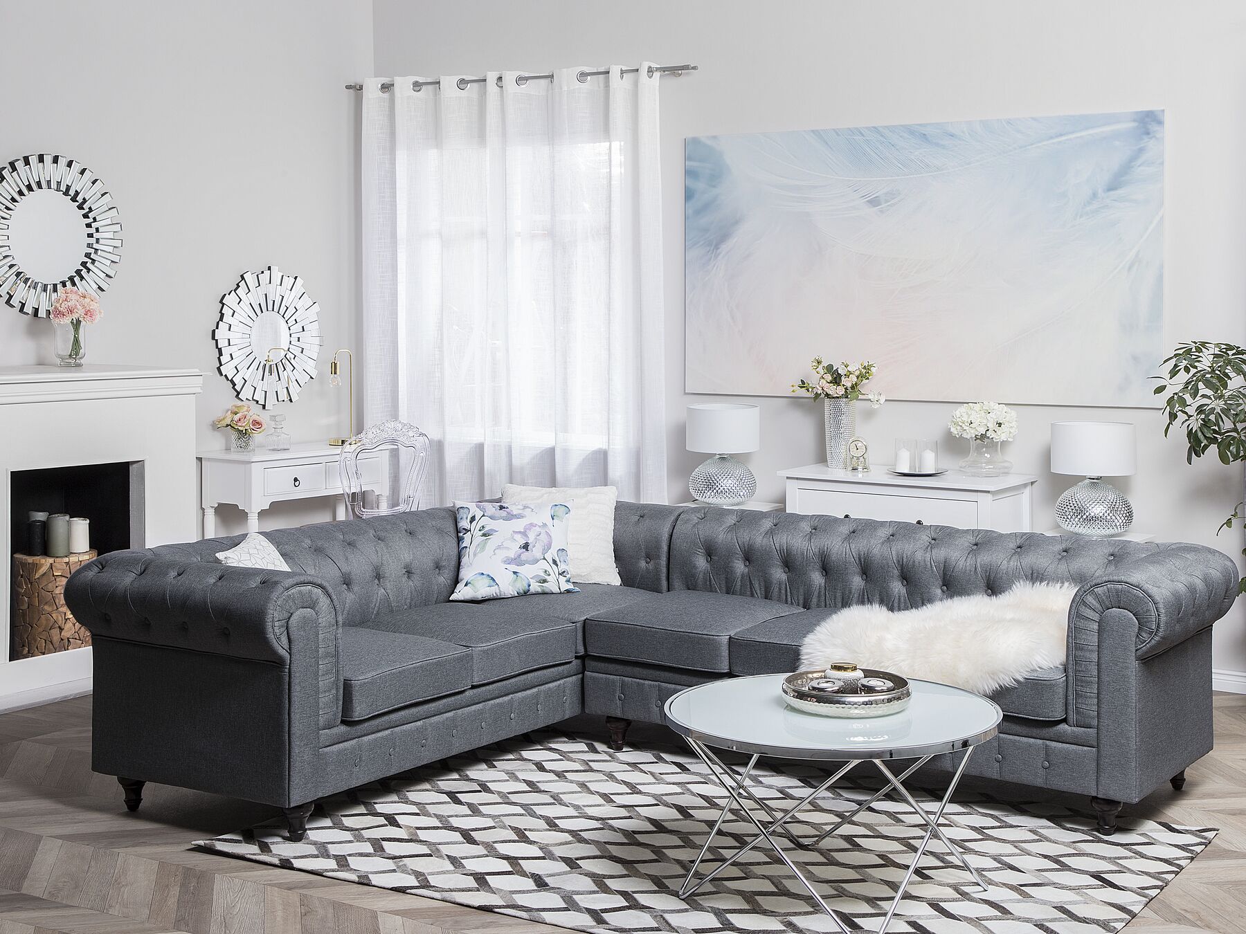 Chesterfield Sectional Sofa 6 Seater Grey
