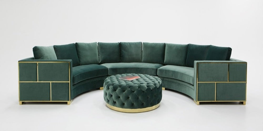 Green Velvet Arc Sectional Sofa with Circular Ottoman